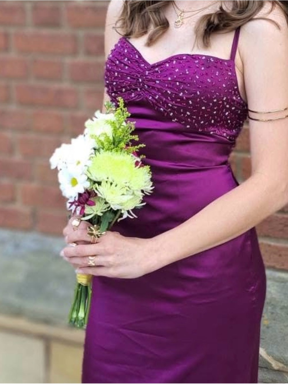 Women's Beaded Spaghetti-Strap Purple Satin Dress